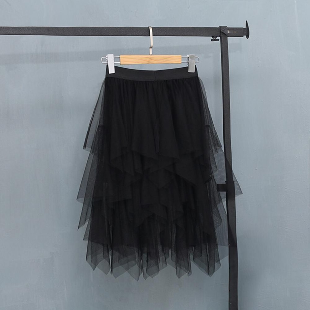 (One size, black) Elastic Waist Tulle Skirts Women Fashion Elastic High Waist  Mesh Tutu Skirt Peated Midi Sexy Girls Dress