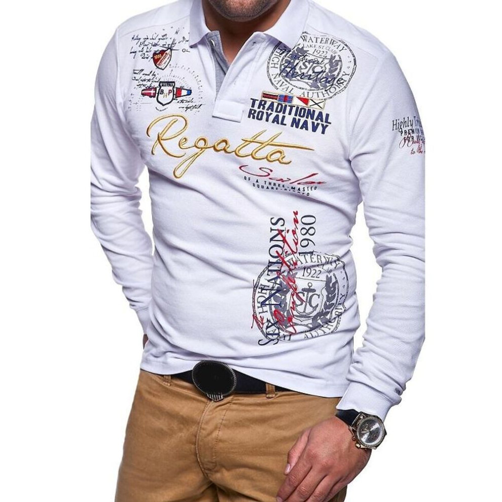 (white, 3XL) New Summer Mens 3D Print Casual Polo Shirts Fashion Personality Cultivating Long Sleeve Tops Tees