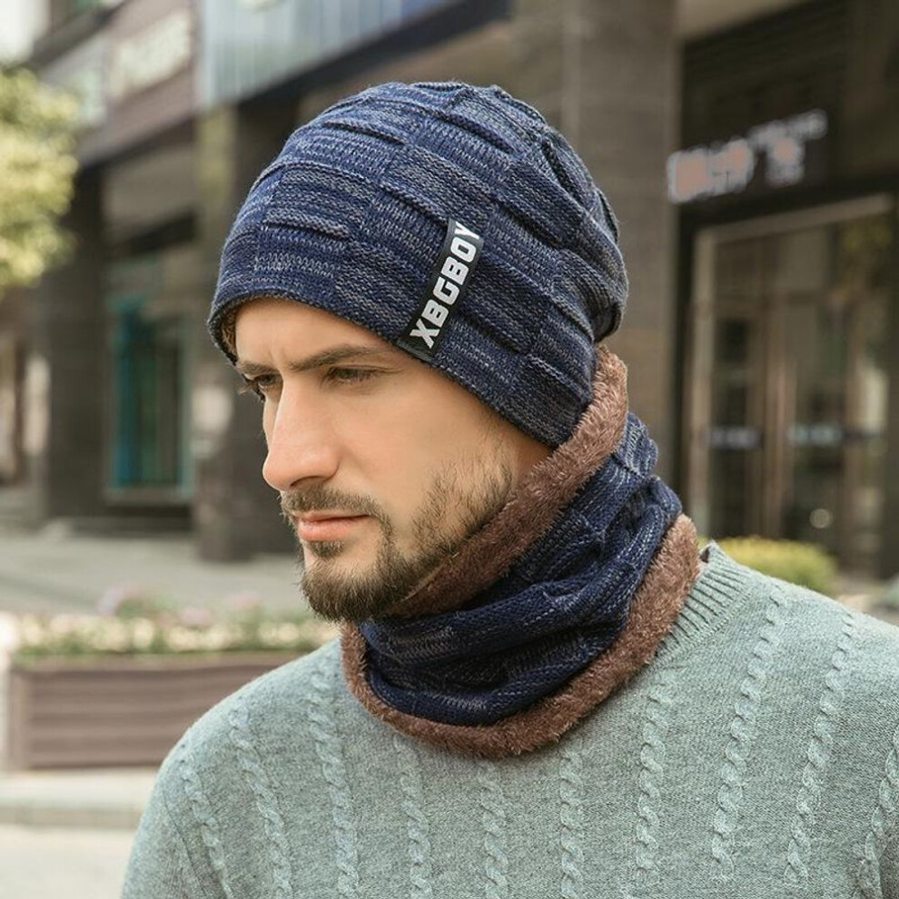 (navy blue) Men Winter Warm Fleece Camping Hat Beanie Baggy Wool Ski Cap + Scarf Windproof Hats Letter Knitted Caps