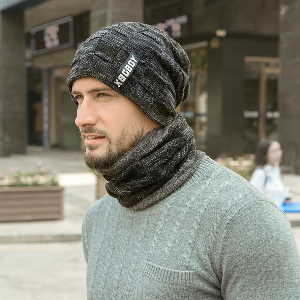 (dark grey) Men Winter Warm Fleece Camping Hat Beanie Baggy Wool Ski Cap + Scarf Windproof Hats Letter Knitted Caps