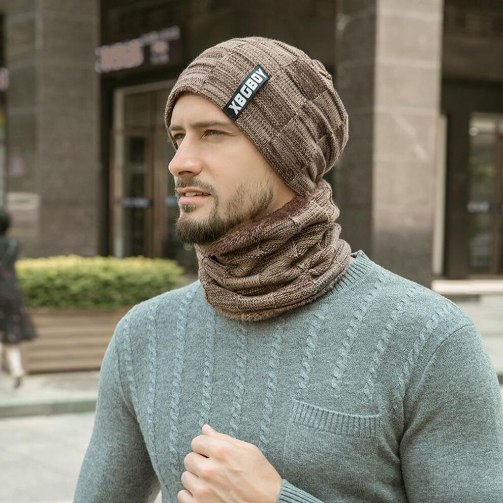 (brown) Men Winter Warm Fleece Camping Hat Beanie Baggy Wool Ski Cap + Scarf Windproof Hats Letter Knitted Caps
