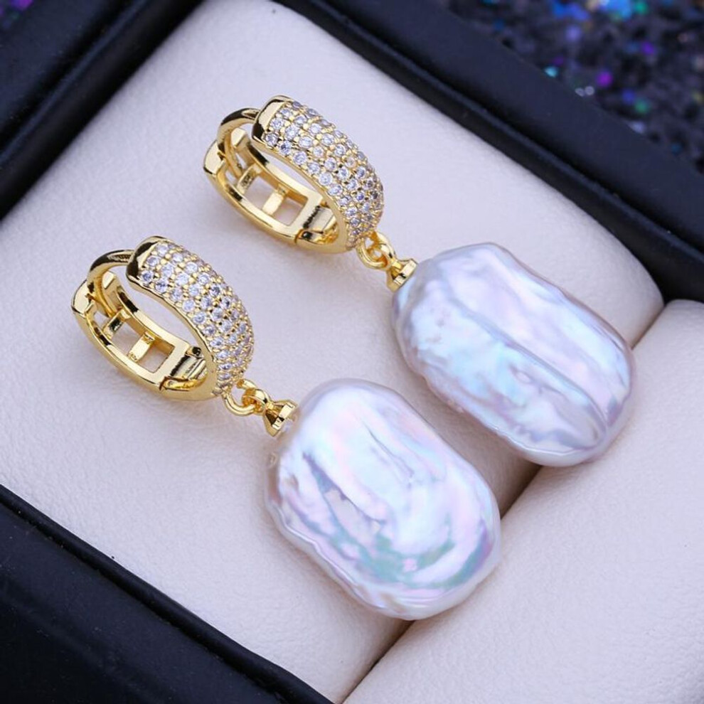 (gold) Lsooyh Natural Freshwater White Big Baroque Pearl Earrings For Women Fashion Cultured Pearls Silver Color Hoop Earrings Wedding Jewelry