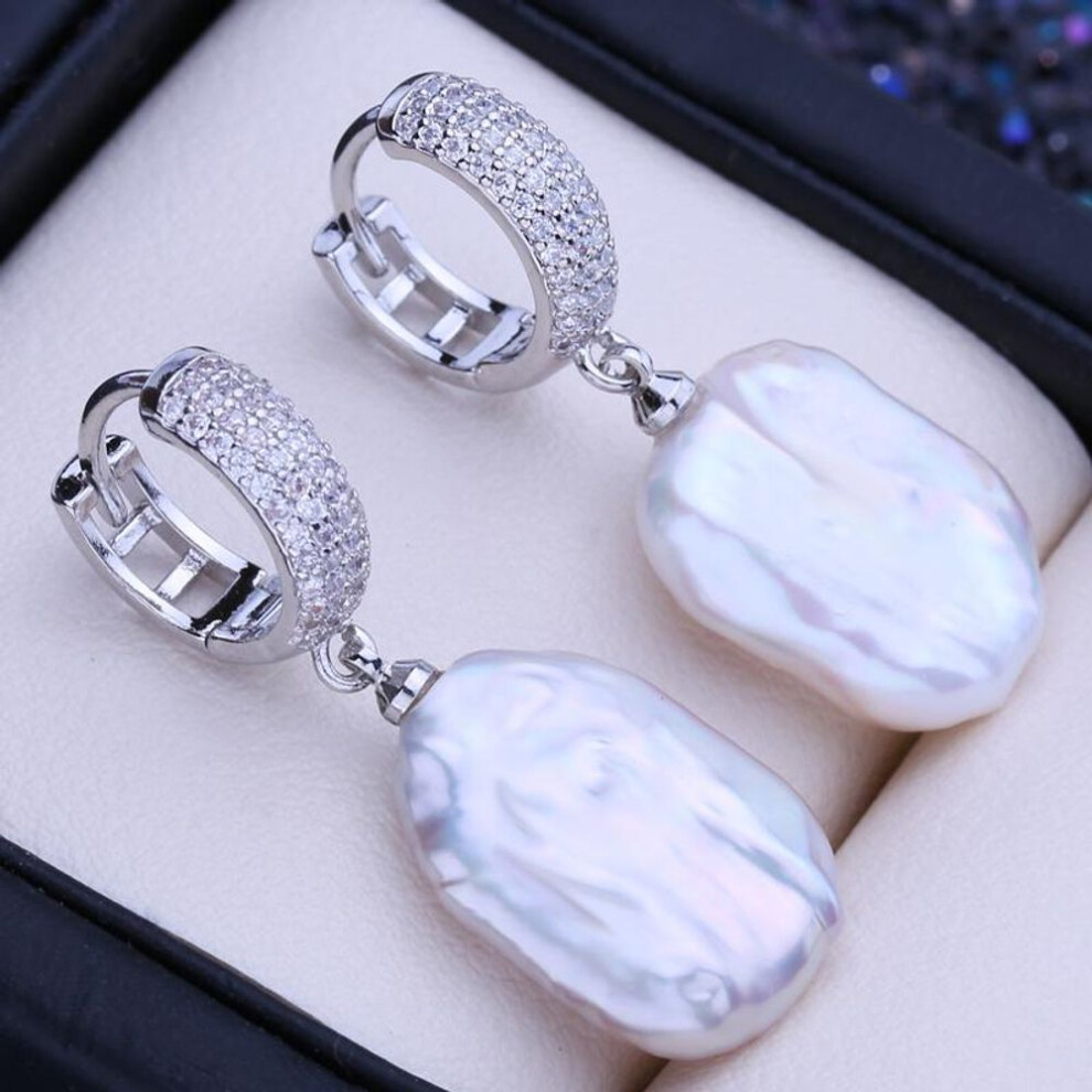 (white) Lsooyh Natural Freshwater White Big Baroque Pearl Earrings For Women Fashion Cultured Pearls Silver Color Hoop Earrings Wedding Jewelry