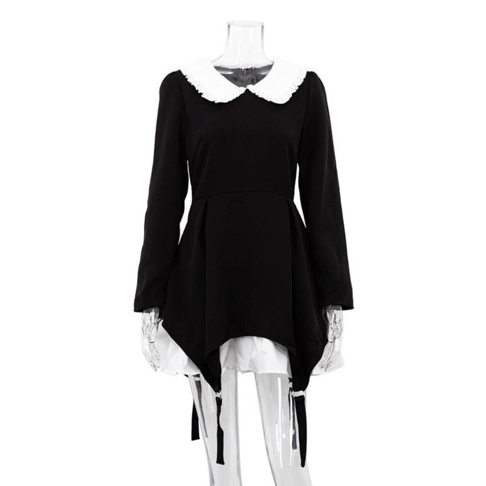 (black, L) Doll Collar Splice France Long Sleeve Dress For Women High Waisted Slim Ruffle Mini Dresses Ladies Street Casual Party Elegant Evening Dress Female