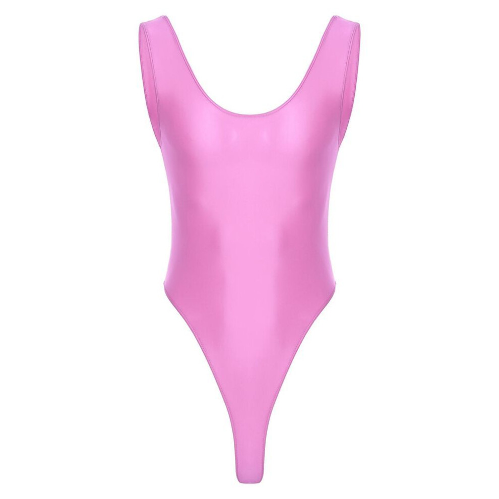 (XL, pink) Mens Glossy Bodysuit High Cut Sleeveless Leotard One-piece Swimsuit For Sports Fitness Swimming