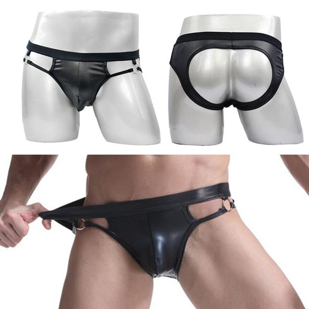 Men&apos;s Sexy Underwear Artificial Leather Metal Ring Thong Jock Strap Underpants