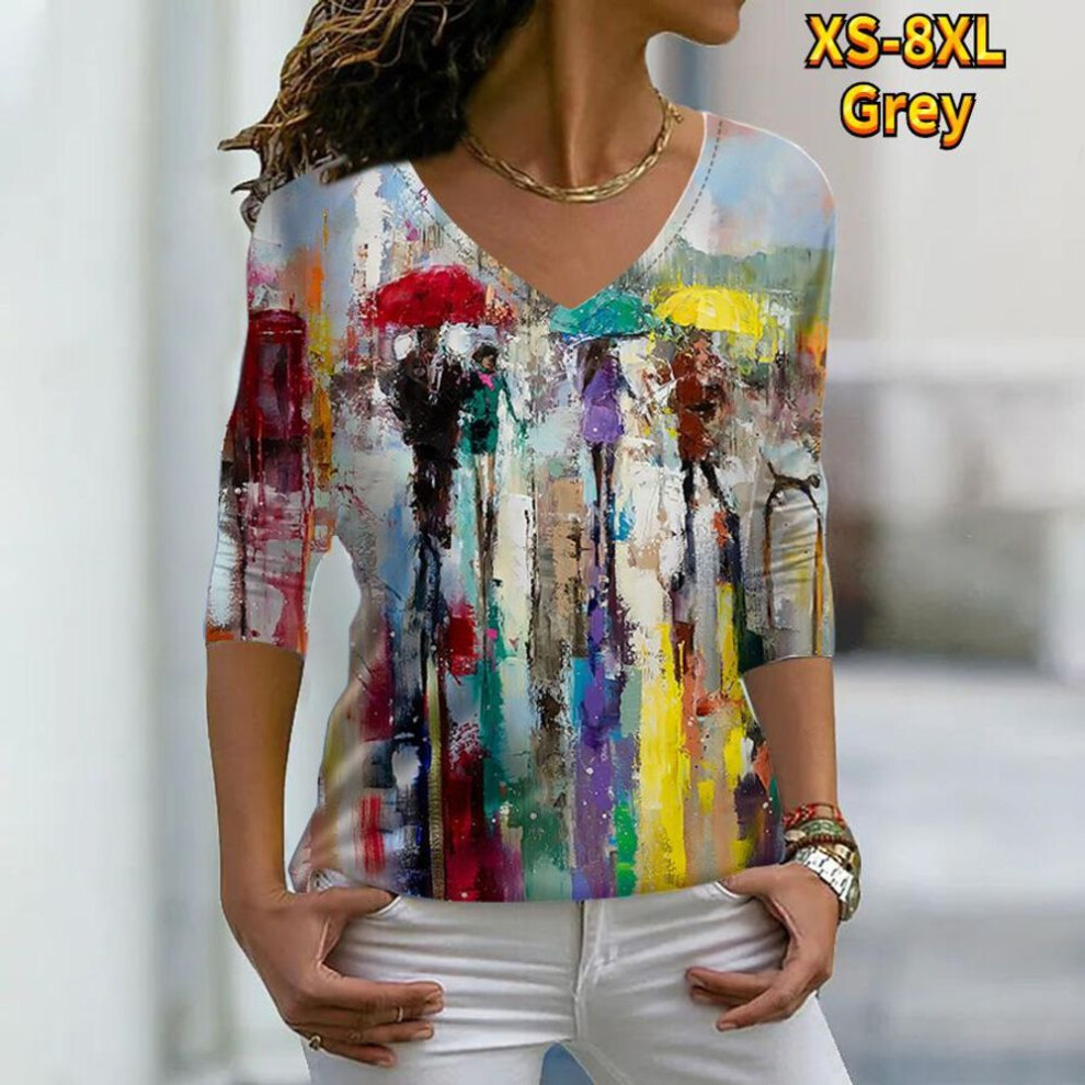 (L, grey) Women Autumn Floral Colorful Speckle Painting Printed Long Sleeve T-shirts Loose V-neck Plus Size Tee Shirt Tops Comfy Blouse