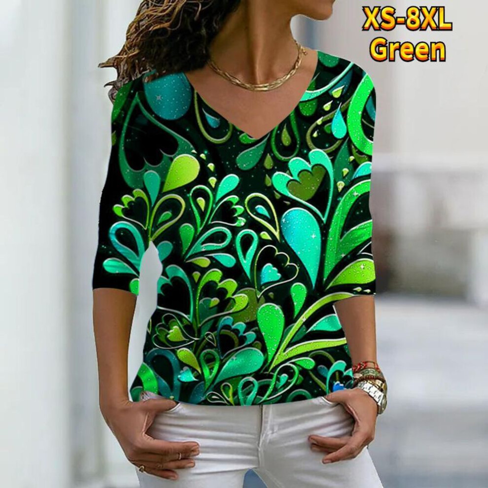 (M, green) Women Autumn Floral Colorful Flowers And Plants Printed Long Sleeve T-shirts Loose V-neck Plus Size Tee Shirt Tops Comfy Blouse
