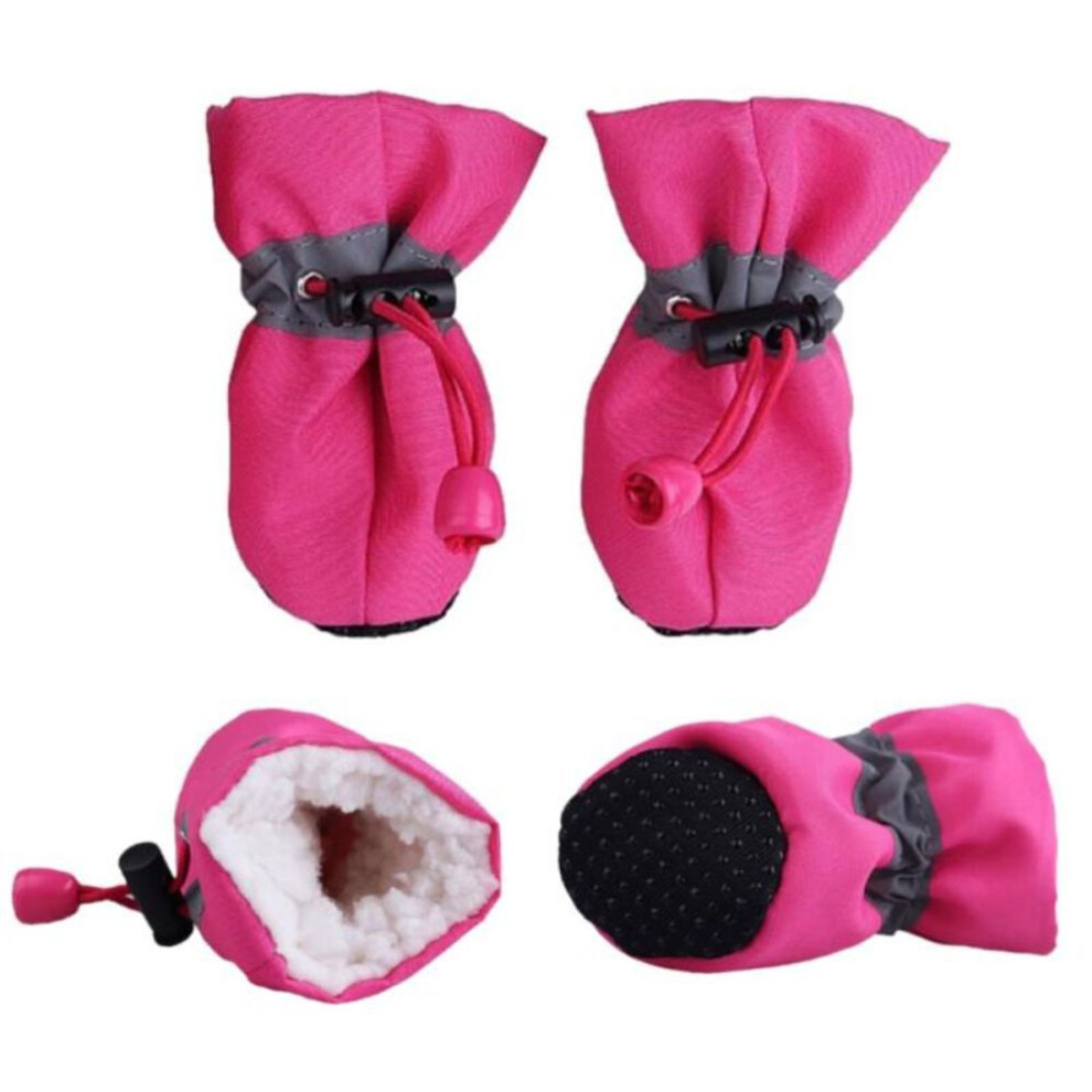 (rose red, 6) 4 Pcs/lot Waterproof Dog Shoes with Cashmere Warm Inner, Anti-slip Shoes for Small Dog Rain Snow
