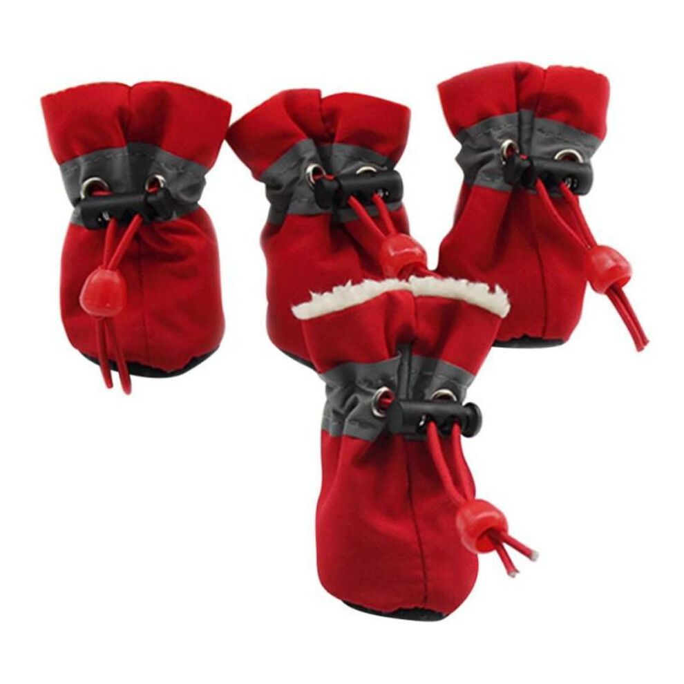 (red, 2) 4 Pcs/lot Waterproof Dog Shoes with Cashmere Warm Inner, Anti-slip Shoes for Small Dog Rain Snow