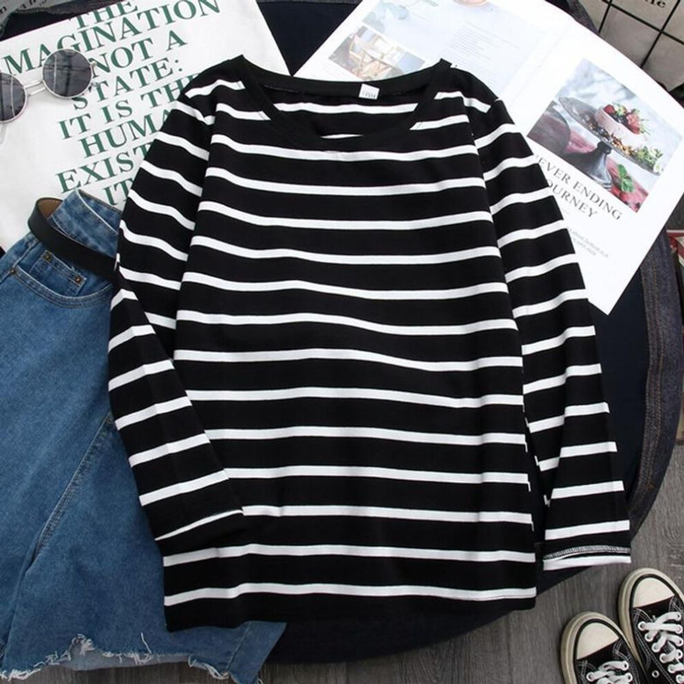 (M, black) Women Loose Round Collar Summer Stripes Print Loose Long Sleeve Casual Simple Wild T-Shirt