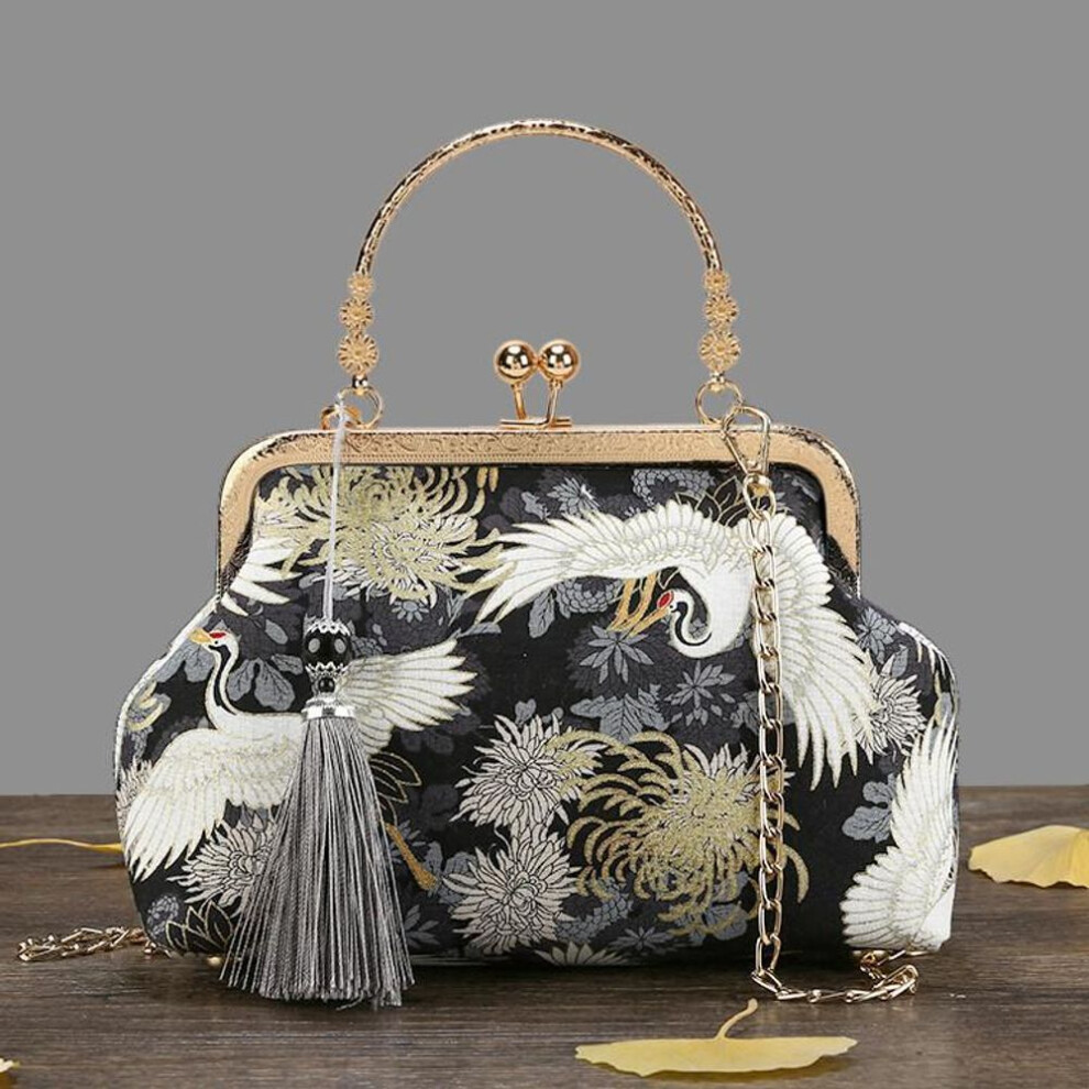 (black) Fashion Vintage Fringe Bag Small Shell Bags Chain Women Shoulder Crossbody Bag Crane Flying Women&apos;s Handbags Purses