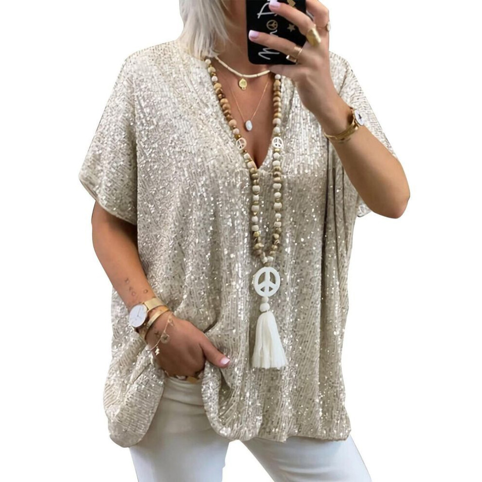 (XL, gold) (su)womens Short Sleeve V Neck Glitter Sequins Loose Blouse Tops