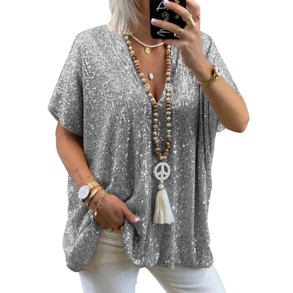 (L, gray) (SU)Womens Short Sleeve V Neck Glitter Sequins Loose Blouse Tops