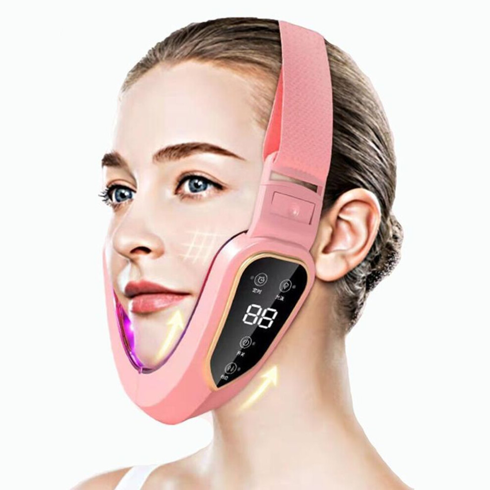 (pink) KBT Face Led Light Therapy Devices Photon Bandage Microcurrents Slimming Band Remove Double Chin Lift V Shape Cheek Lifting Device