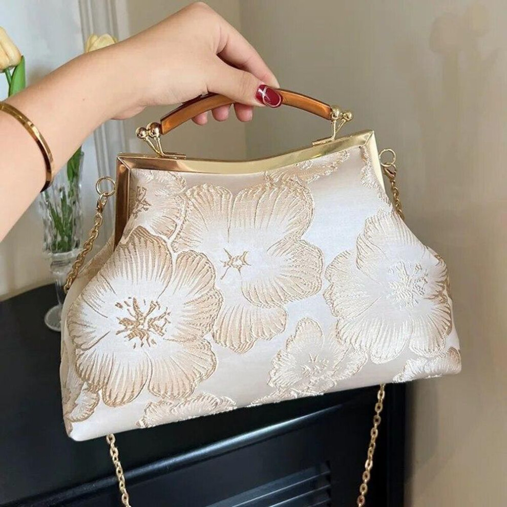 (gold) Vintage Designer Lock Shell Clip Handmade Chain Shoulder Bags Embroidery Flower Crossbody Bag Lady Chic Handbags Evening Clutch