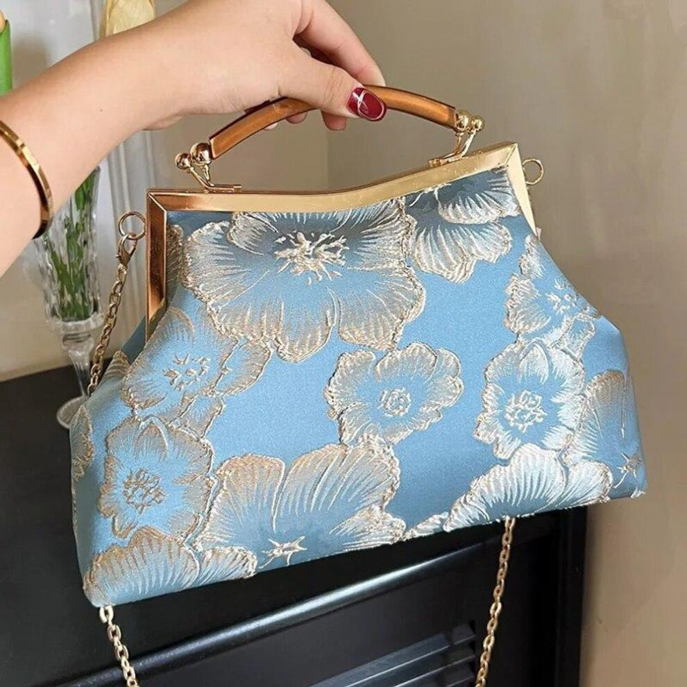 (blue) Vintage Designer Lock Shell Clip Handmade Chain Shoulder Bags Embroidery Flower Crossbody Bag Lady Chic Handbags Evening Clutch
