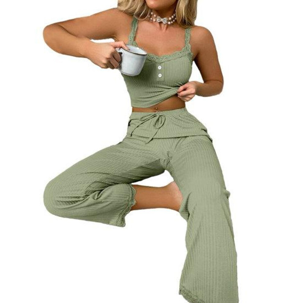 (XL, green) 2 Pcs/set Pants Top Suit Low-cut V Neck Sleeveless Solid Color Shirring Drawstring High Elastic Waist Lace Women Summer Pajamas Set Homewear