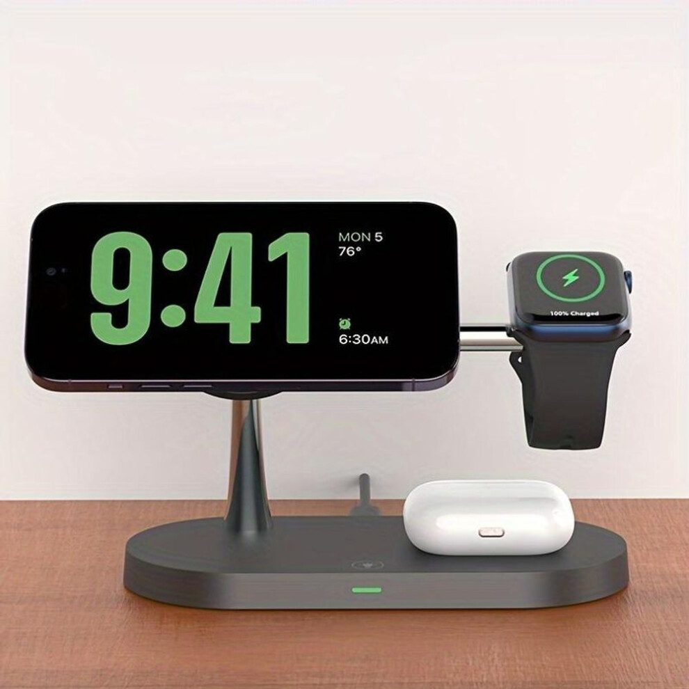 (black) Magnetic 5 In 1 Wireless Charger Stand 3 Devices At The Same Time, 15W Qi Fast Charging Dock Station Holder 3 Adjustable Light Compatible