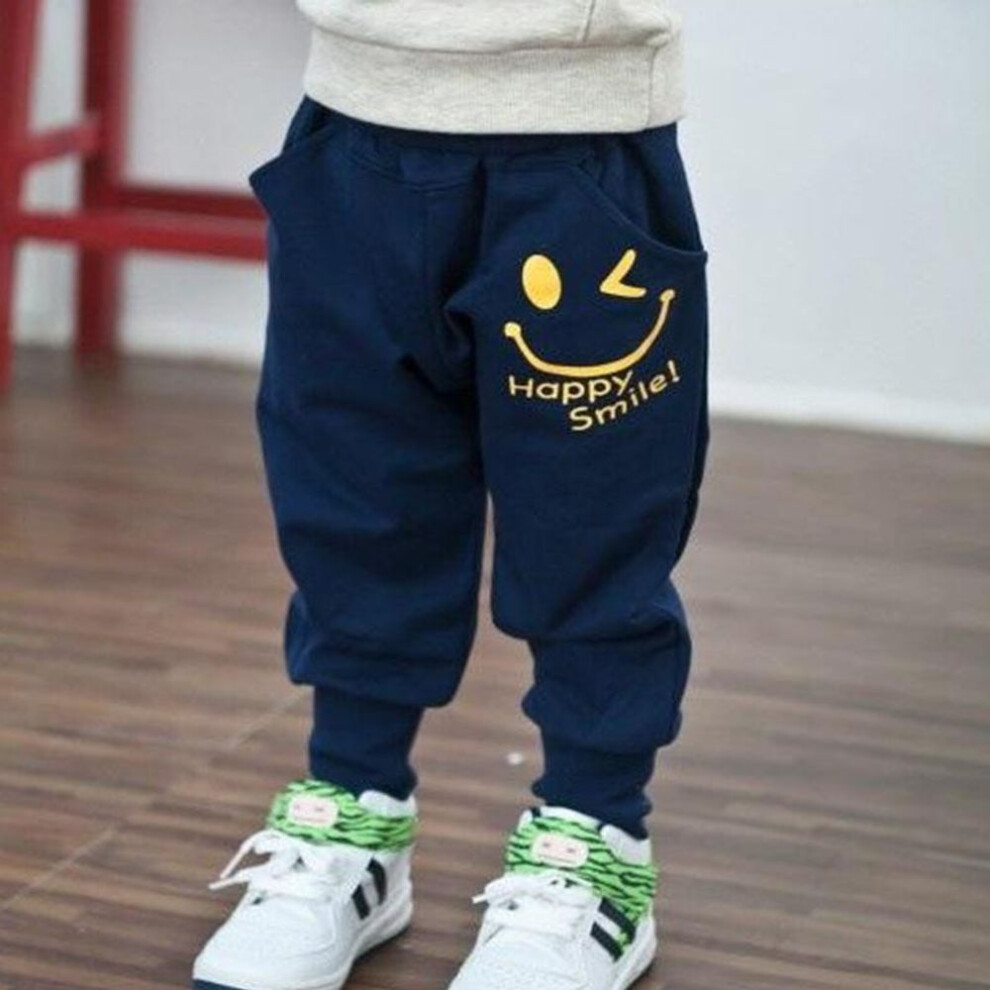 (dark blue, 130) Kids Smile Pocket Harem Pants Cute Boys Girls Hip Hop Loose Trousers Children Sportwear Slacks