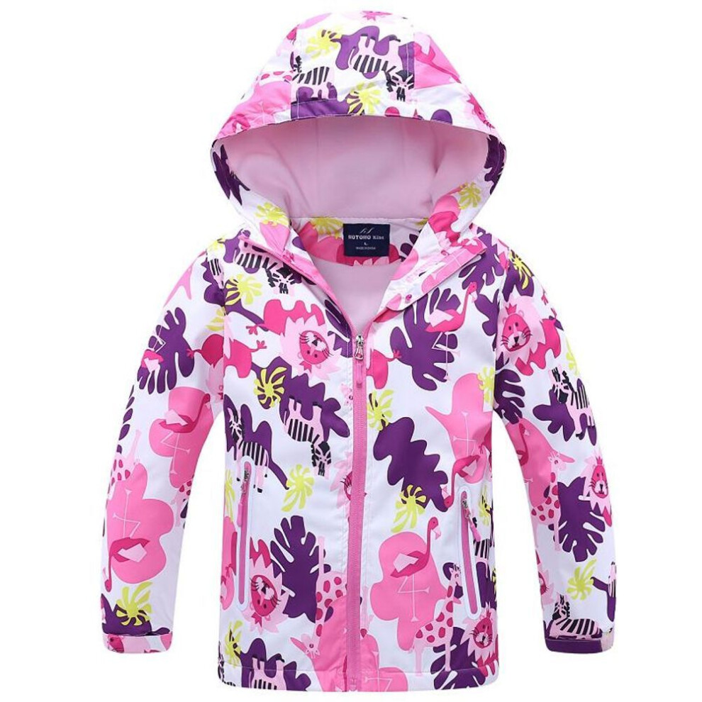 (pink, 120) Children Floral Print Windproof Windbreakers Jacket Kids Autumn Winter Hooded Coat Zipper Outerwear