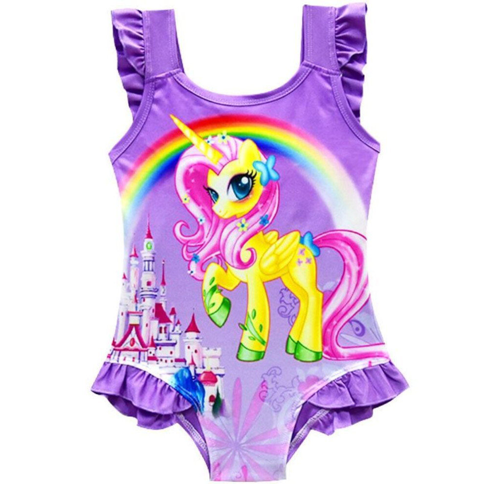 (purple, 120) Girls Bath Suit Cute Animal Cartoon Character Swimwear Flounce One Piece Bikini Kids Beach Swimsuit