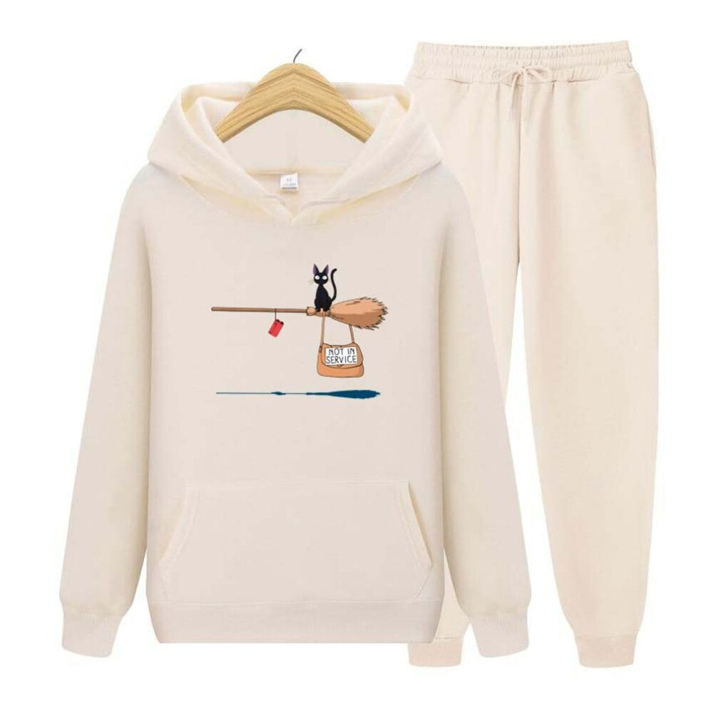 (as the picture, S) Kiki&apos;s Delivery Service Cat On Magic Broom Printing Womens Pocket Long Sleeve Hoodies Tracksuits Jogger Pants Thick Warm Clothes