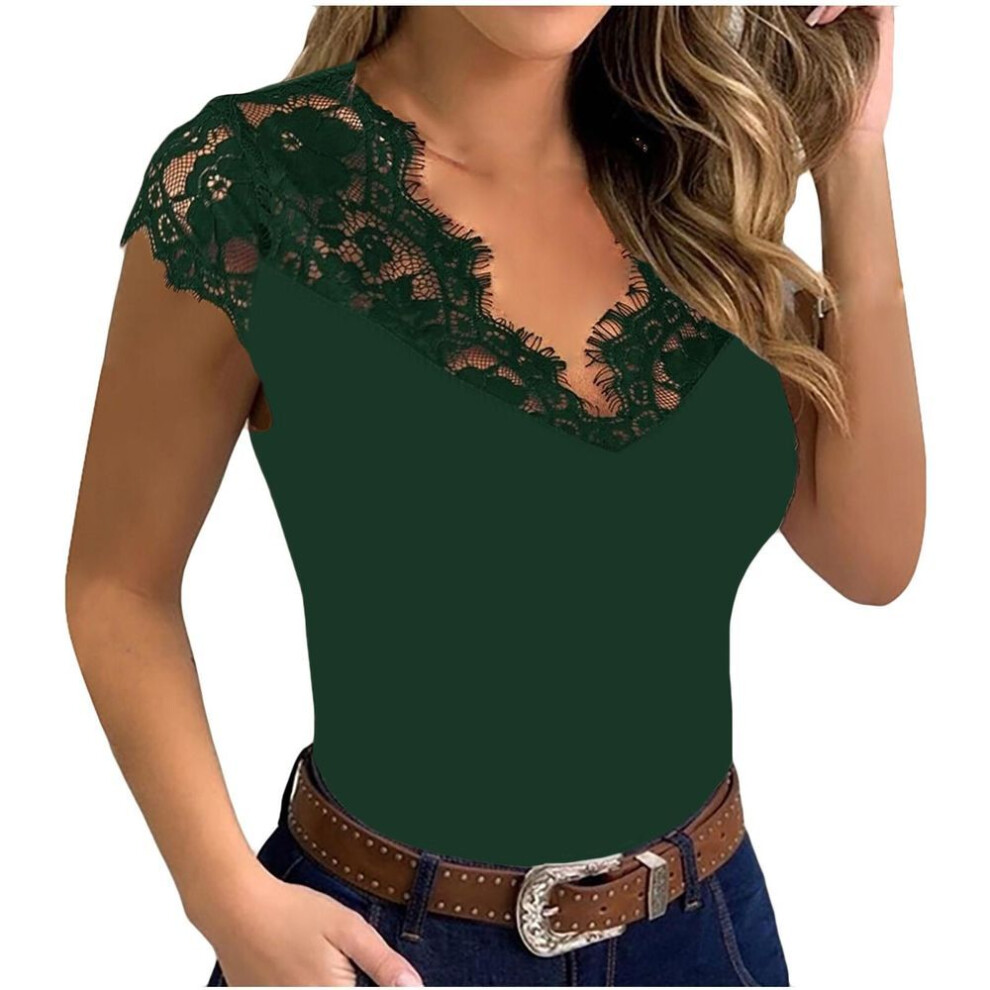(L, dark green) Womens Casual Sexy Slim Solid Lace V-neck Ladies Sexy  Lace Erotic Lingerie Tank Top