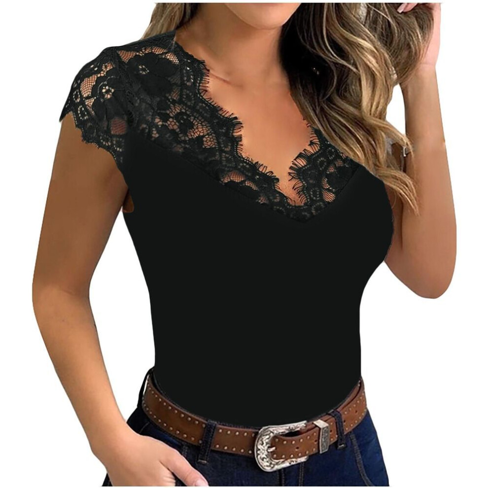 (L, black) Womens Casual Sexy Slim Solid Lace V-Neck Ladies Sexy  Lace Erotic Lingerie Tank Top