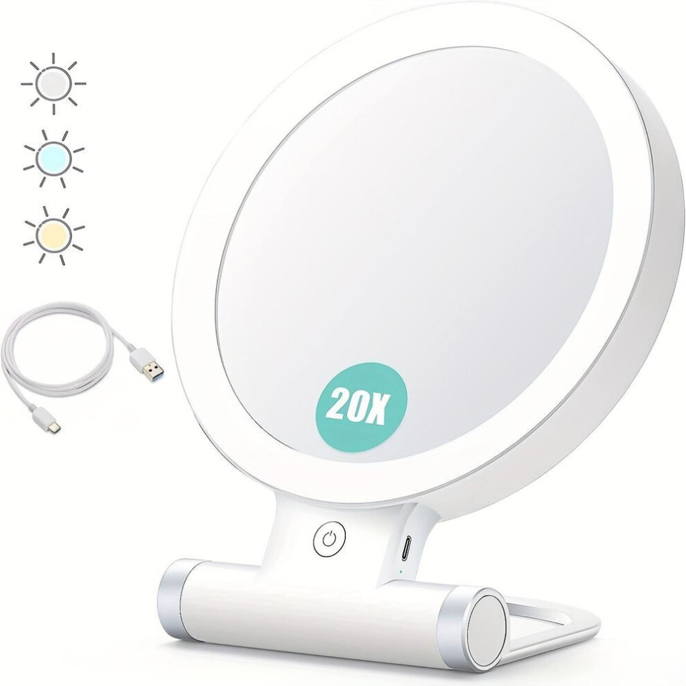 (9 Inch 20X) Illuminated Magnifying Glass 20x, Double Sided Table Top Mirror With Adjustable Folding Handle For Makeup/travel
