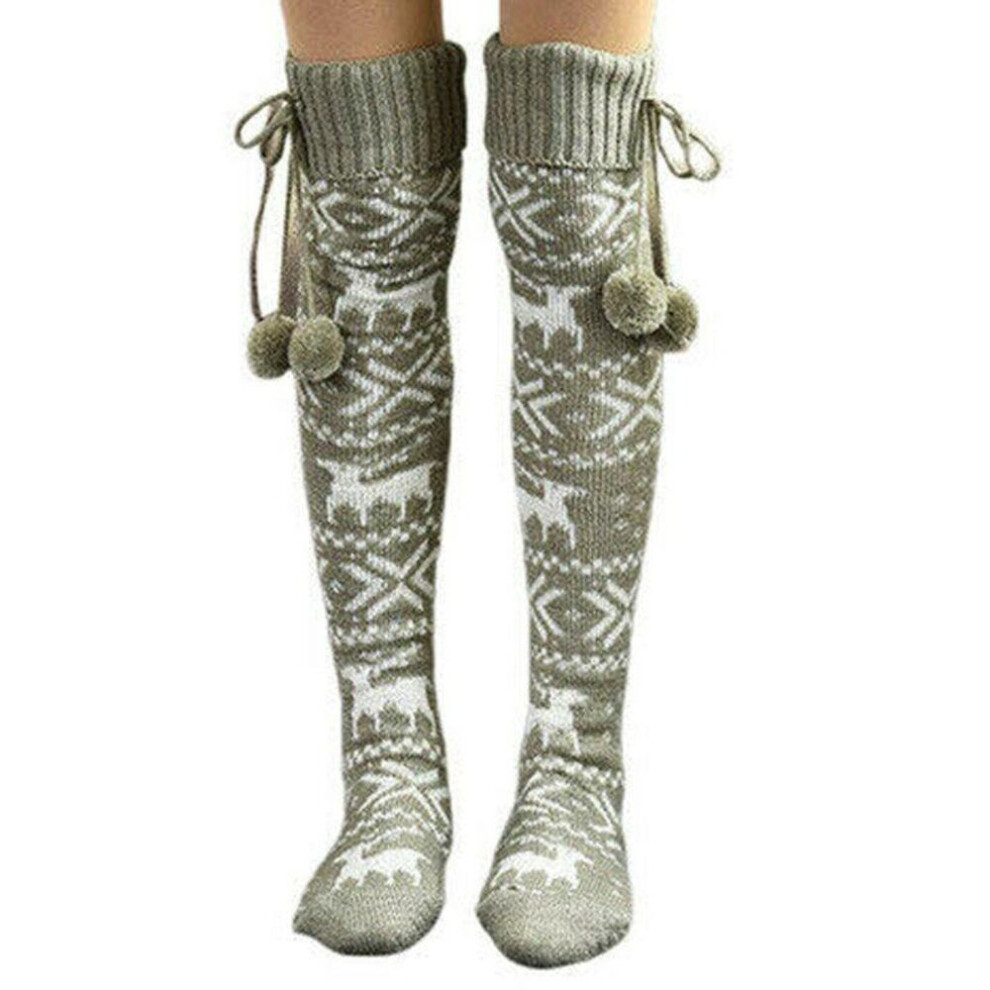(grey, One size) Christmas Printed Women Knit Over Knee High Long Boot Socks Autumn Winter Leg Warmer Stockings