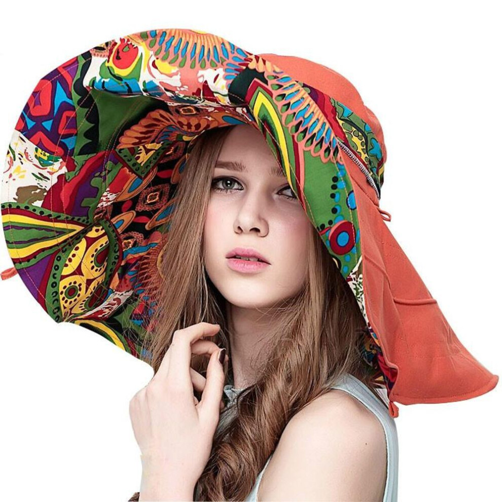 (orange) Sun Hats For Women Summer Large Beach Hat Flower Printed Wide Brim