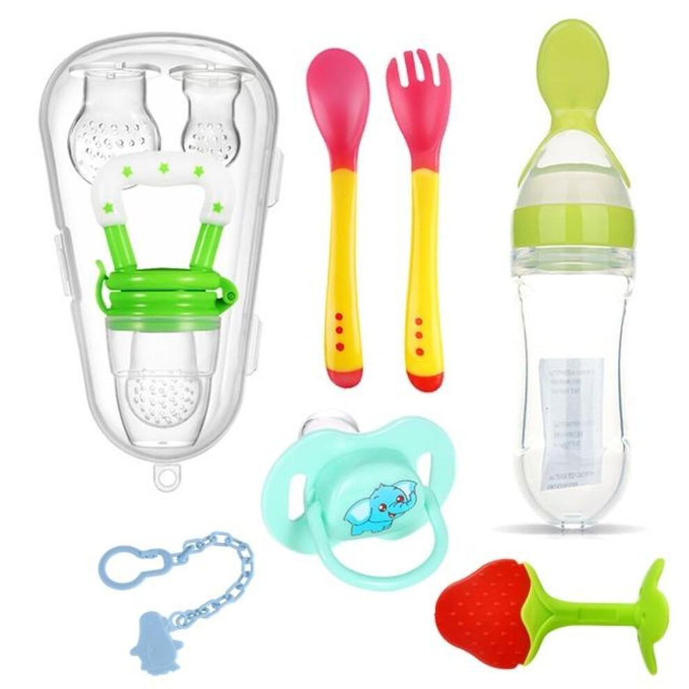 (green) 10 In 1 Combo Baby Pacifier Nipple Food Fruit Milk Feeding Bottles With Pp Box Nibbler Learn Chewing Straw Handle Teething