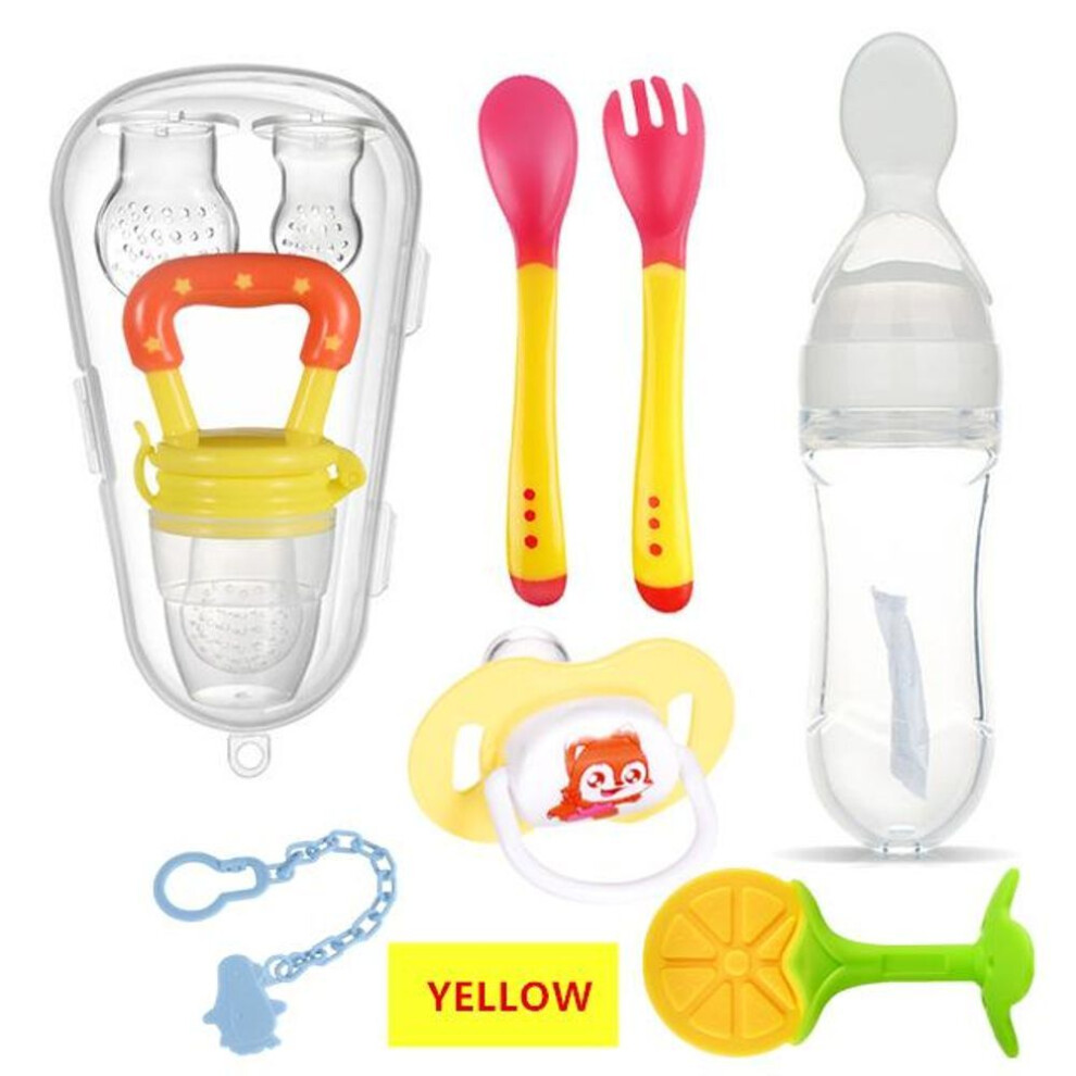 (yellow) 10 In 1 Combo Baby Pacifier Nipple Food Fruit Milk Feeding Bottles With Pp Box Nibbler Learn Chewing Straw Handle Teething