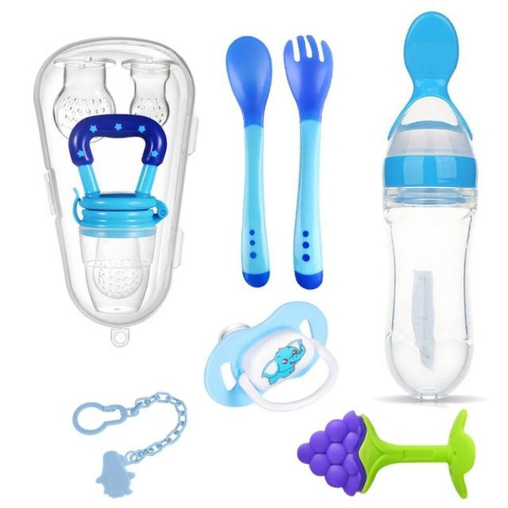 (blue) 10 In 1 Combo Baby Pacifier Nipple Food Fruit Milk Feeding Bottles With Pp Box Nibbler Learn Chewing Straw Handle Teething