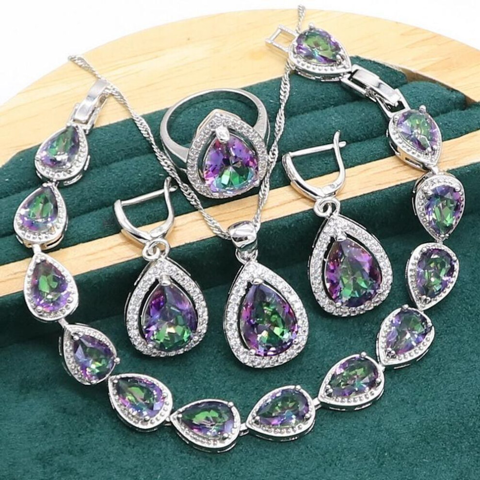 (8) Wpaitkyswater Drop Rainbow Topaz 925 Silver Wedding Jewelry Set For Women Party Bracelet Earrings Necklace Pendant Ring