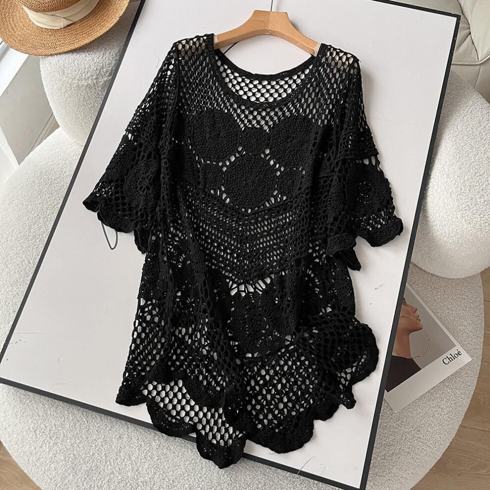 (One Size, black) DIMANAF 2024 New T-Shirt Women Knitting Lace Long Beach Holiday V-Neck Hollow Bat Summer Style Basic Tops Tees Loose Clothing