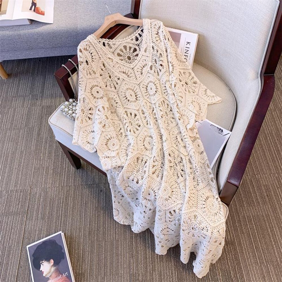 (beige, One Size) Dimanaf 2024 New Summer Women Long Knitted Dress Sleeve Basic Lace Dresses Casual Loose White