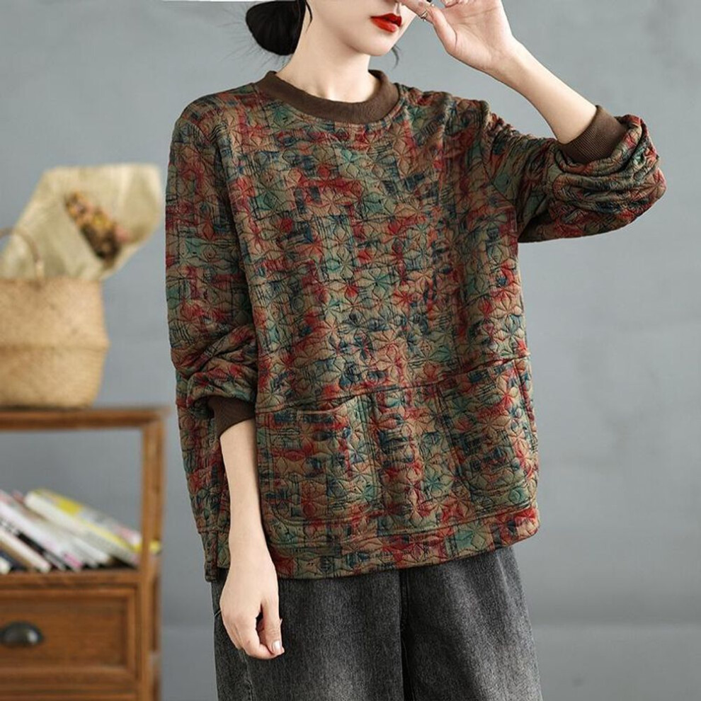 (2XL, brown) DIMANAF 2024 New Plus Size Women Full Sleeve Casual O-Neck Loose Autumn Basic Tops T-Shirt New Pullover