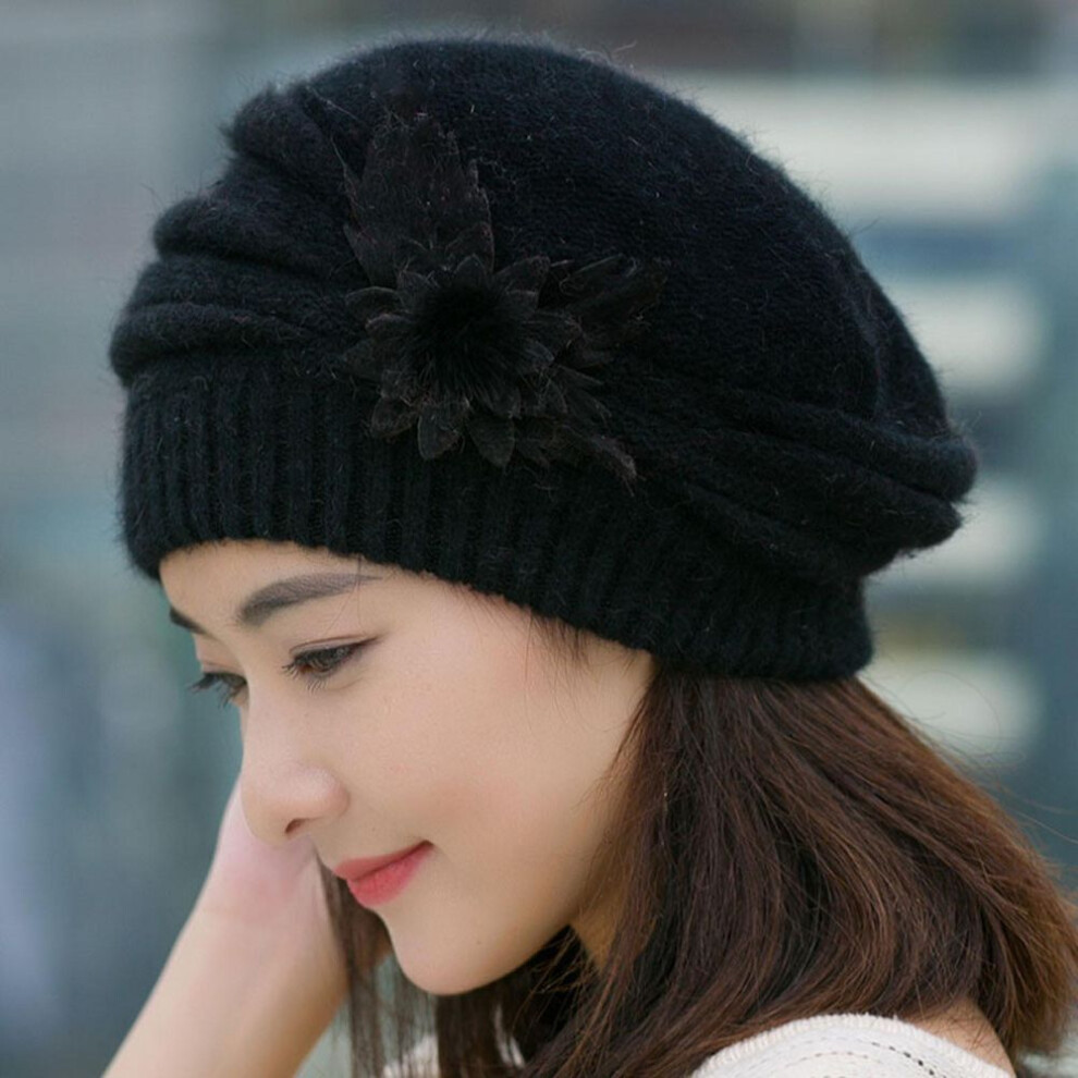 (black, One Size) (projector)fashion Womens Flower Knit Crochet  Hat Winter Warm Cap Beret