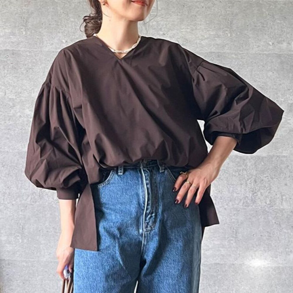 (One Size, brown) Dimanaf 2024 Spring Shirt Women Blouse Solid Long Sleeve Fashion Tops Tees Loose Tees New White