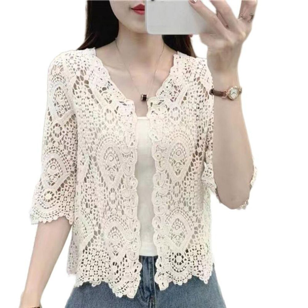 (apricot) Women Knitted Lace Shrug Boho Hollow Crochet Floral 3/4 Sleeves Open Front Cropped Cardigan Elegant Mesh Sweater Coveup