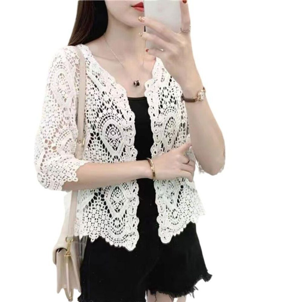 (white) Women Knitted Lace Shrug Boho Hollow Crochet Floral 3/4 Sleeves Open Front Cropped Cardigan Elegant Mesh Sweater Coveup