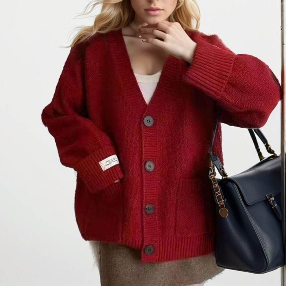 (One Size, red) Autumn Women Sweater Knitting Basic Fashion Cardigan Long Sleeve Loose Casual Show Thin Coat