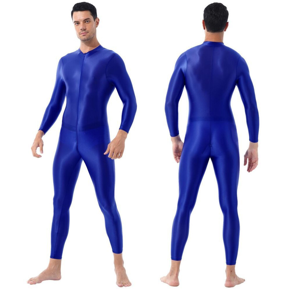 (blue, One Size) Men Glossy Bodystocking Smooth Long Sleeve Oil Shiny Full Body Bodysuit Tights Swimsuit Gym Fitness Gymnastics Performance