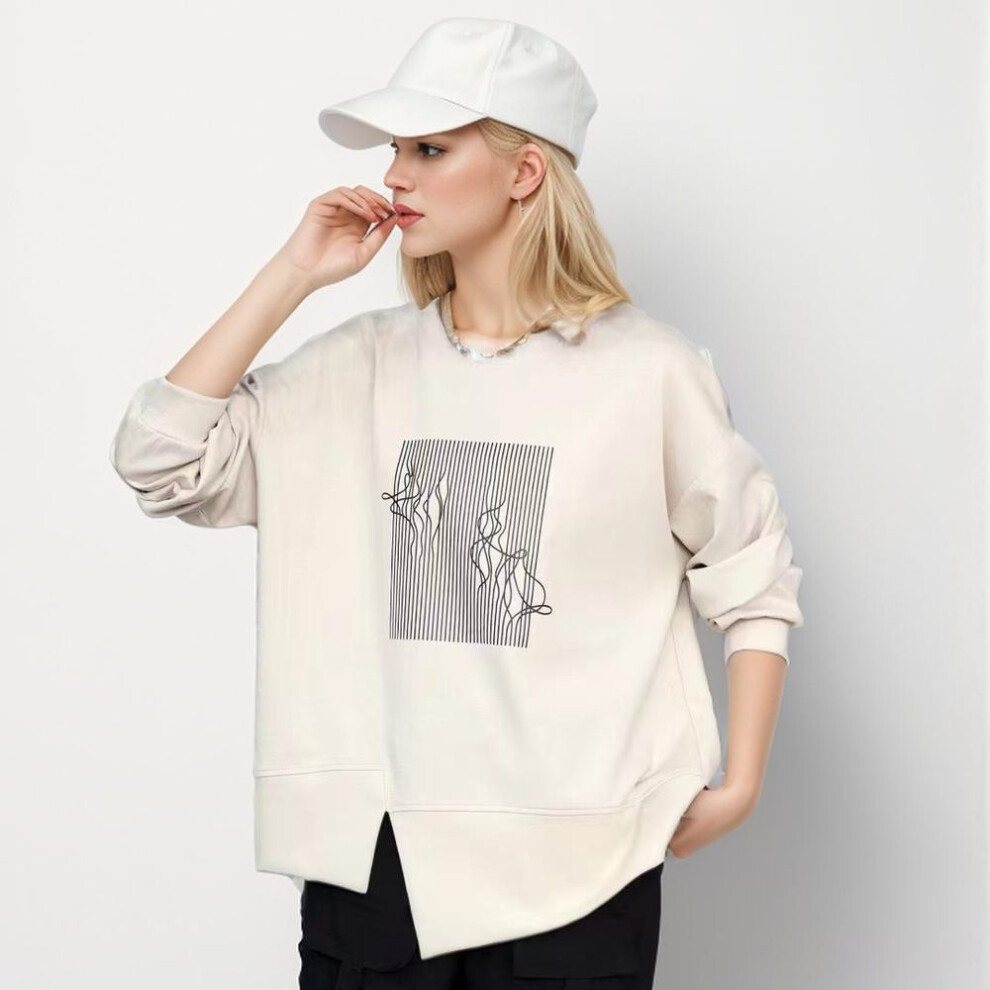 (One Size, beige) Dimanaf 2024 Autumn Hoodie T-shirt Women Asymmetrical Printing Full Sleeve Loose White Pullover