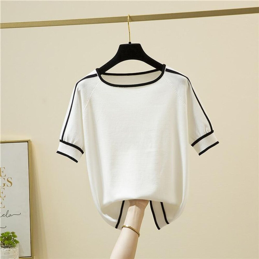 (XL, white) 2023 Short Sleeve Thin Knitted T Shirt Women Summer Tops Woman Clothes Striped Fashion T-shirt Tee Shirt Femme 18841