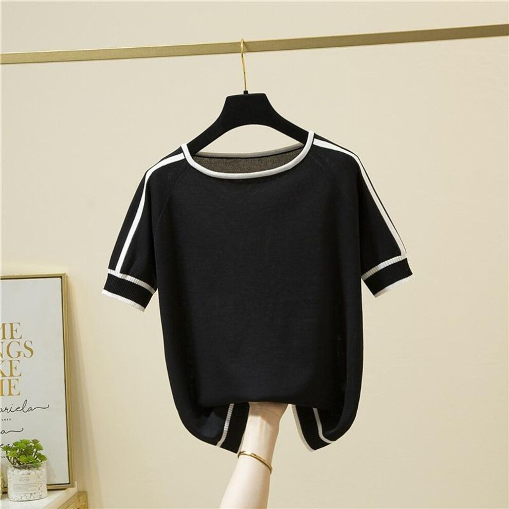 (XL, black) 2023 Short Sleeve Thin Knitted T Shirt Women Summer Tops Woman Clothes Striped Fashion T-shirt Tee Shirt Femme 18841