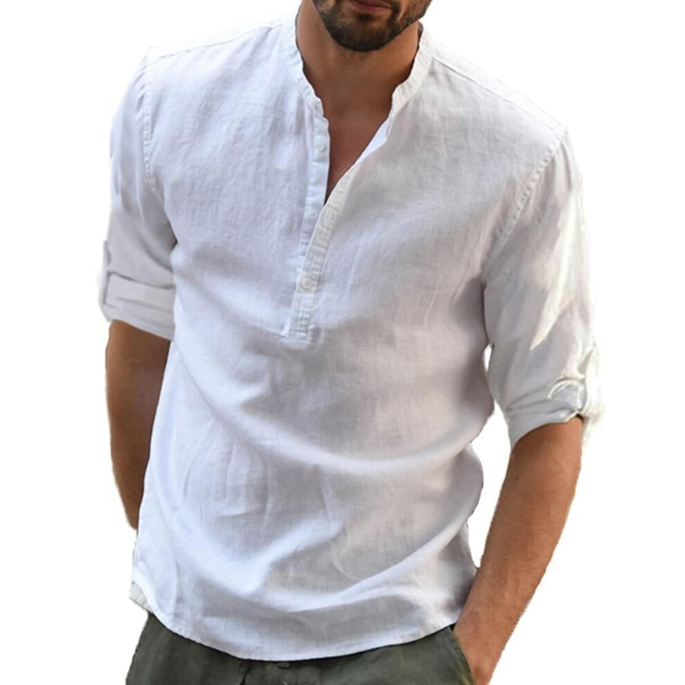 (L, white) New Men's Casual Blouse Cotton Linen Shirt Loose Tops Long Sleeve Tee Shirt Spring Autumn Casual Handsome Men Shirts