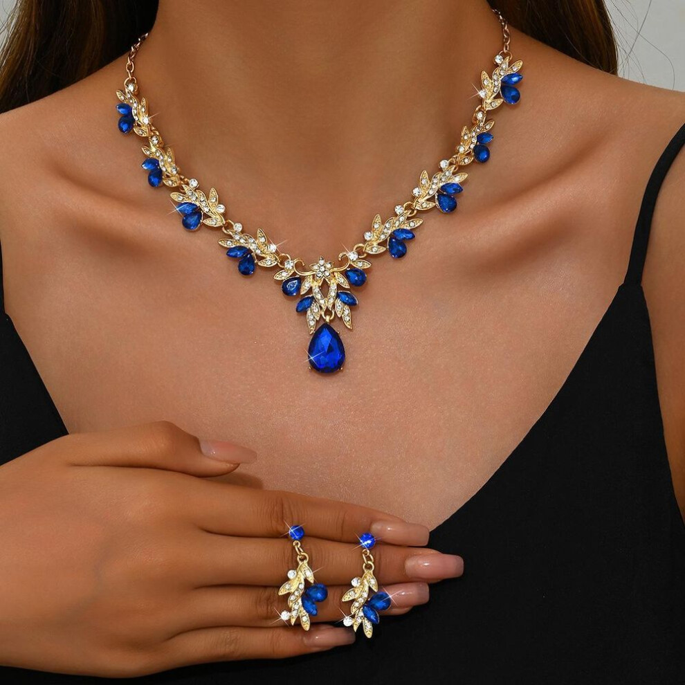 (blue) Wedding dress accessories clavicle necklace earrings two-piece women&apos;s jewelry set